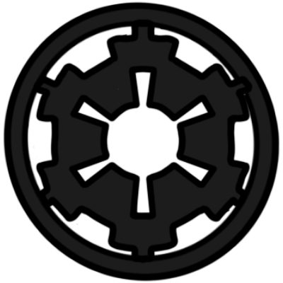 the black and white cog logo of the Galactic Empire from Star Wars.
